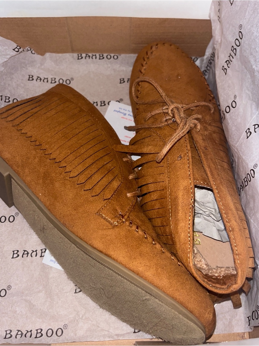 Bamboo Women's Fringe Moccasin Lace-Up in Brown